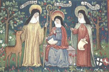 De tre f&#248;rste abbedissene av Minster Abbey p&#229; Isle of Thanet (Minster-in-Thanet), f.v de hellige Mildred, Ermenburga og Edburga